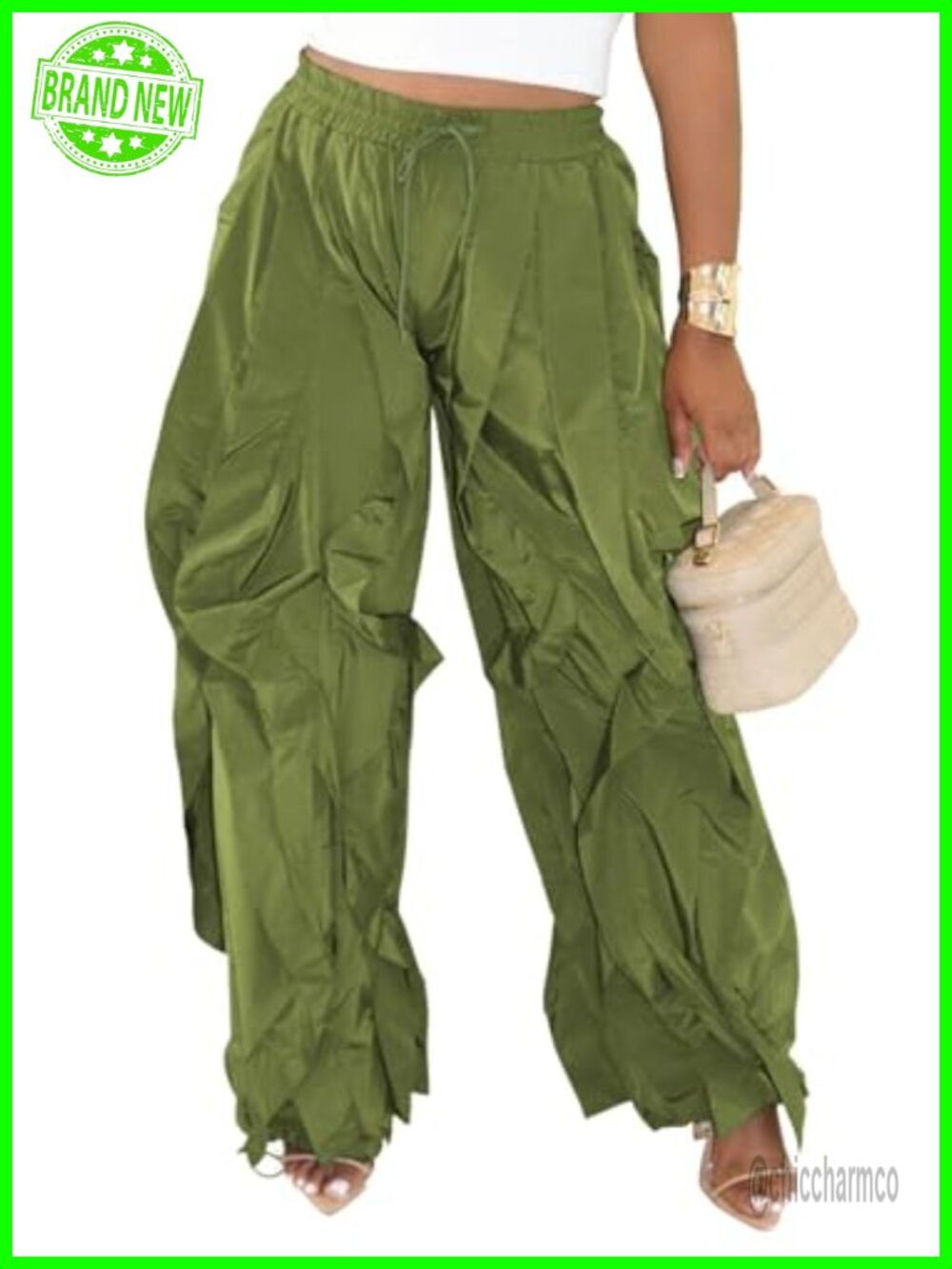 Women High Waist Parachute Pants Ruffle Wide Leg Sweatpants Polyester Spandex